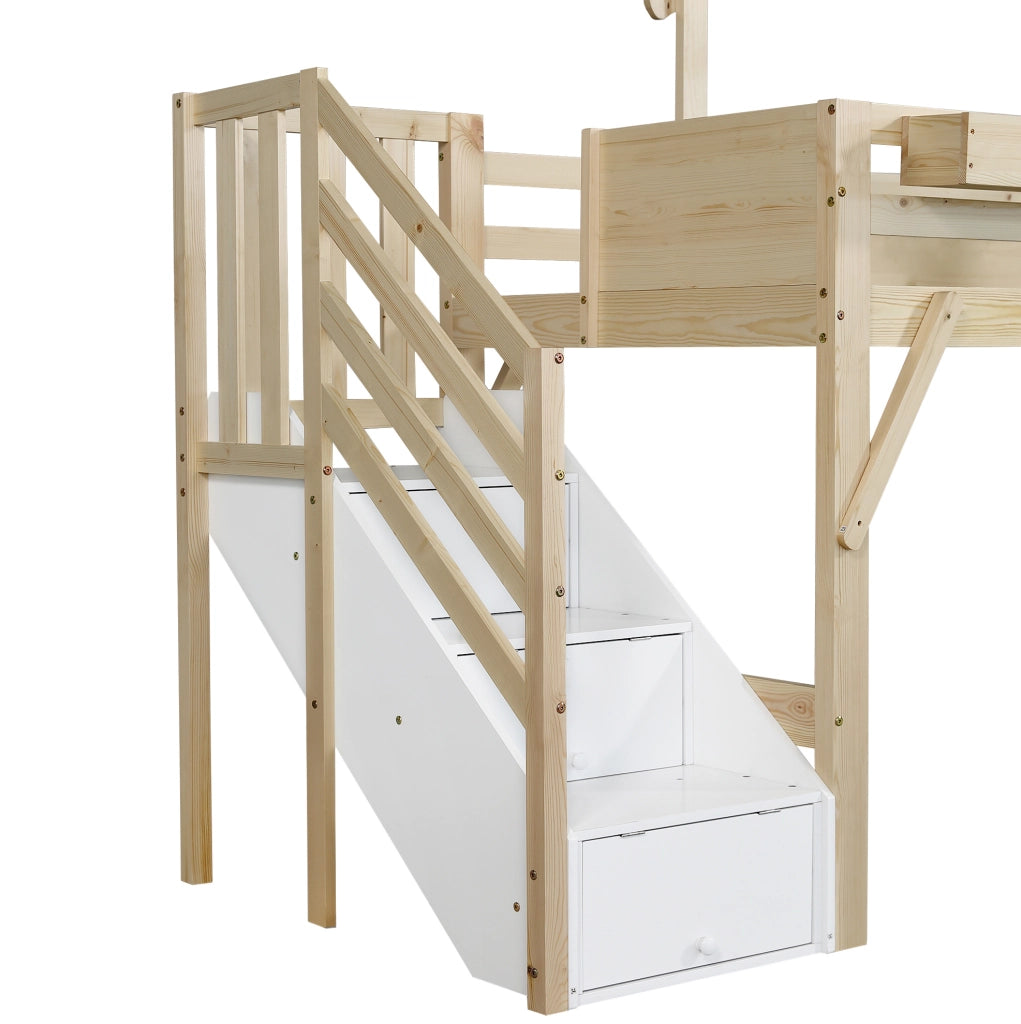 Letto a castello 90x200 cm con scala contenitore e lavagna; legno bianco e naturale