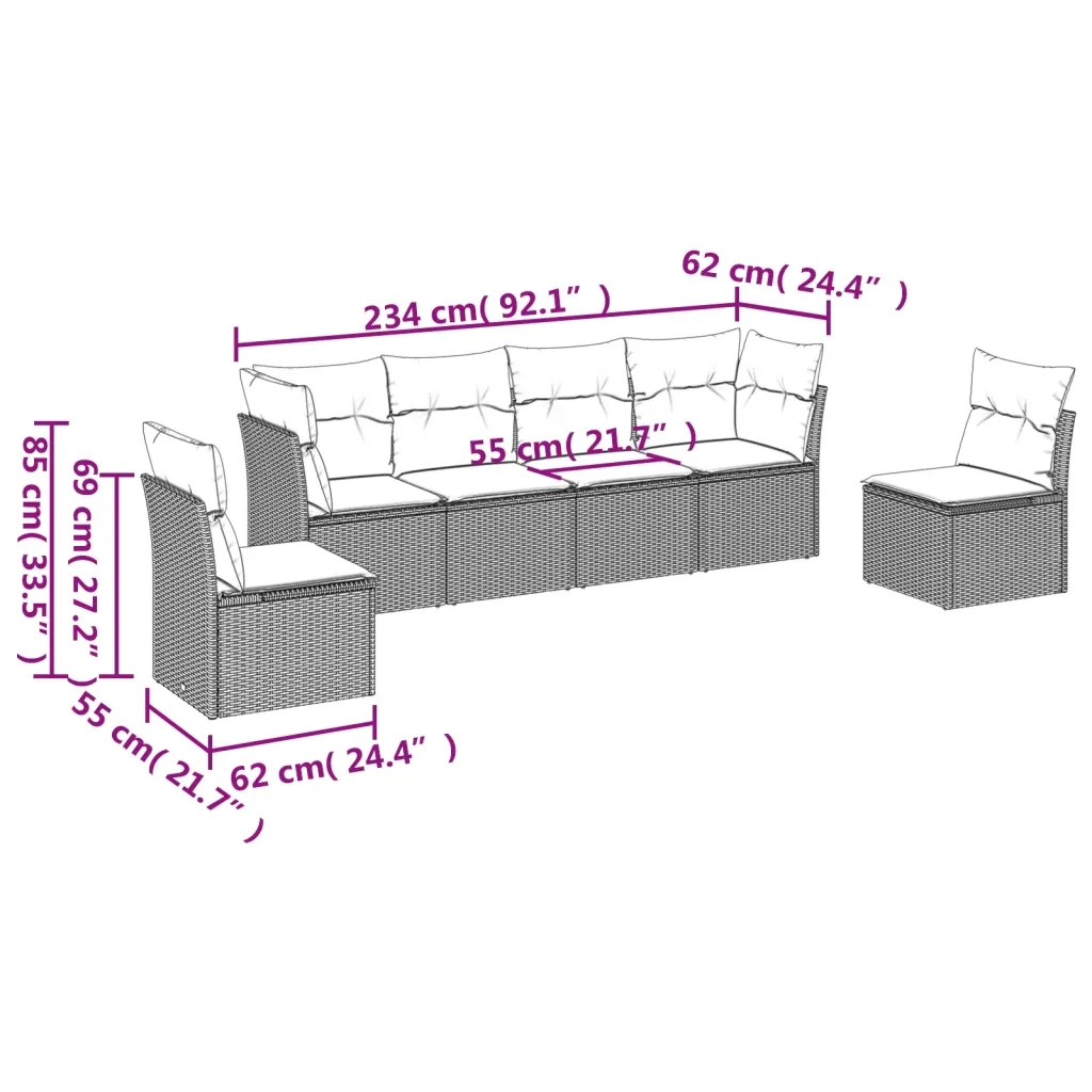 Set Divano da Giardino 6pz con Cuscini Grigio Chiaro Polyrattan