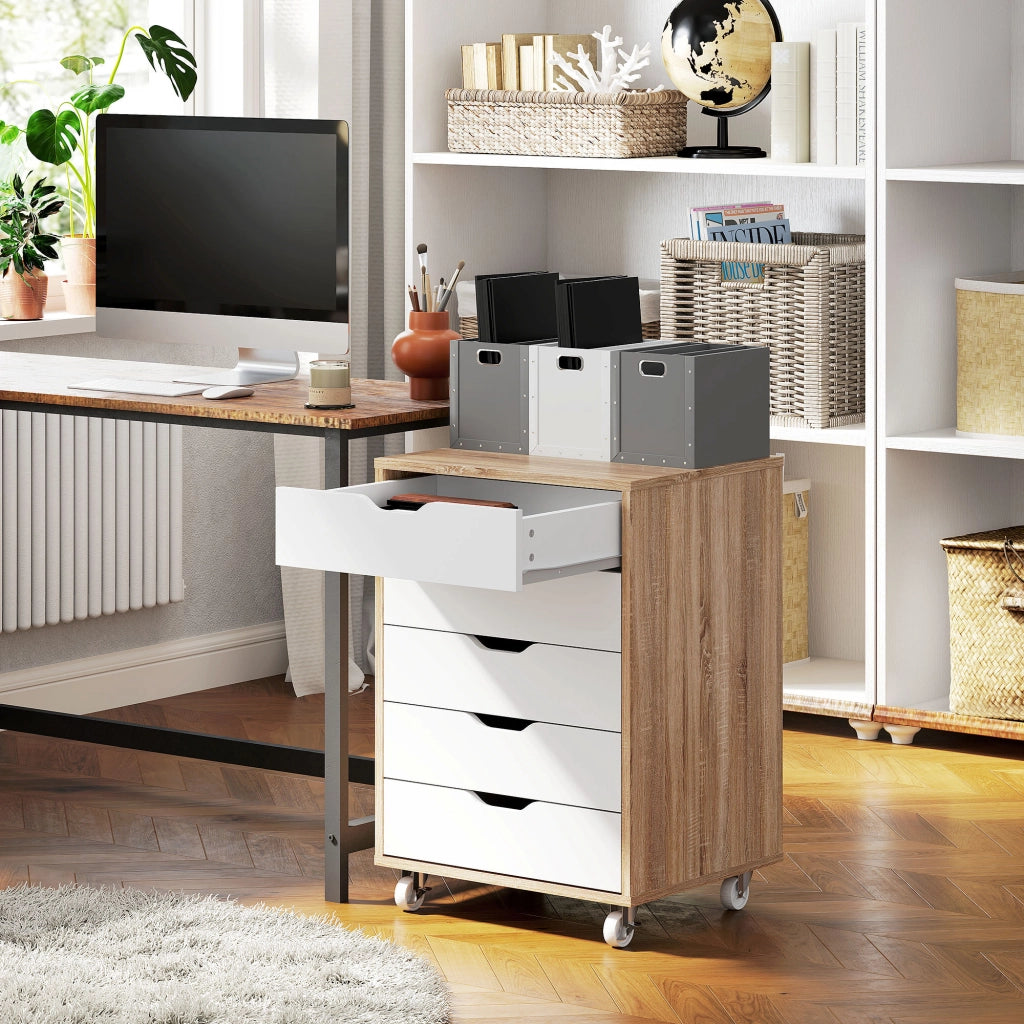 Scrivania con cassettiera mobile ¨C zephmum ¨C 5 cassetti, bianco e rovere, 47.5x39.5x67.5 cm