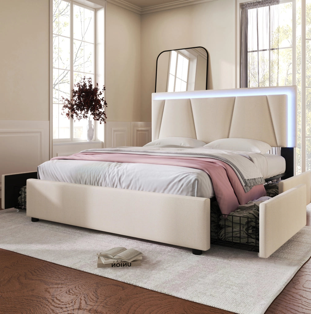 Letto imbottito 140x200 cm con LED; 4 cassetti e testiera regolabile beige