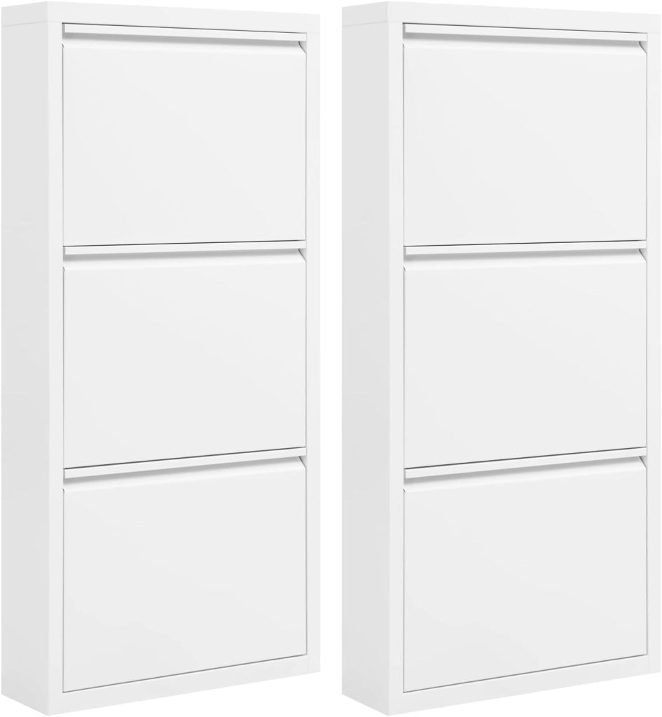 Set di 2 Scarpiera a Ribalta, Porta Scarpe da Ingresso a 3 Cassetti, Armadio per Scarpe Bianca Verticale, per Corridoio e Camera da Letto, in Metallo, SRX41ws-2