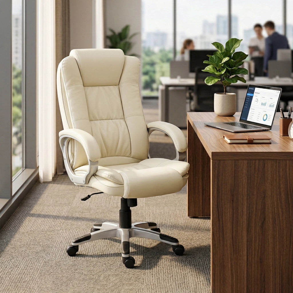 Sedia da Ufficio Girevole in Pelle PU con Dondolo. Schienale Alto e Altezza Regolabile. Beige