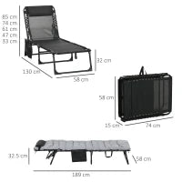 Lettino Prendisole Pieghevole con Cuscino, Poggiatesta e Tasca Laterale, 58x189x32.5 cm, Grigio Chiaro