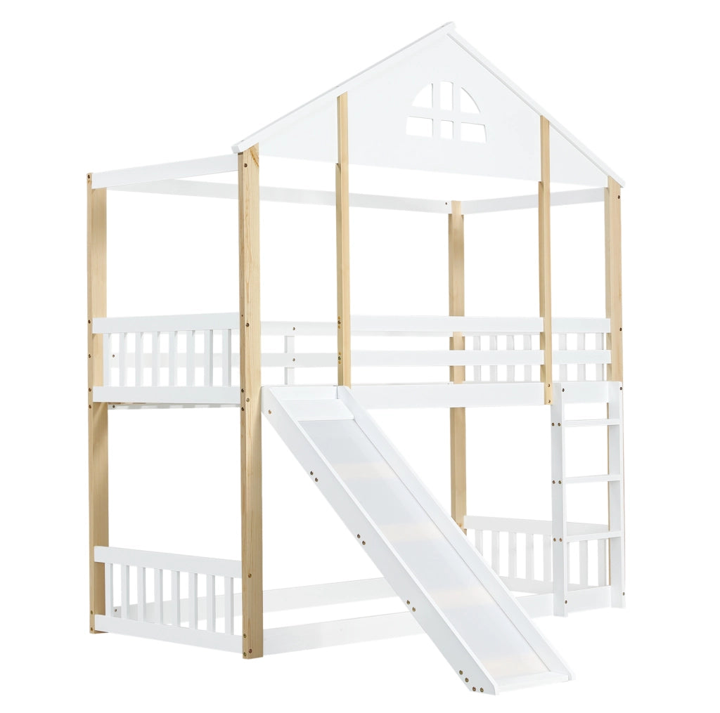 Letto a castello 90x200 cm con scivolo e scala a tre gradini in legno e MDF bianco e colore naturale