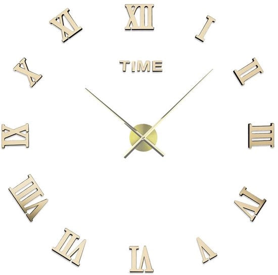 Oro 3D Sticker per Parete con Cifre Romane e Orologio Silenzioso in Specchio Acrilico, 70-90cm, Decorazione per Casa Ufficio Camera da Letto Cucina Hotel
