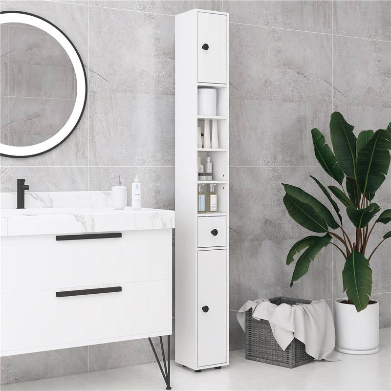 MOBILE COLONNA BAGNO CON CASSETTO, 2 ARMADIETTI E 4 RIPIANI APERTI, IN LEGNO, 20X20X180 CM, BIANCO