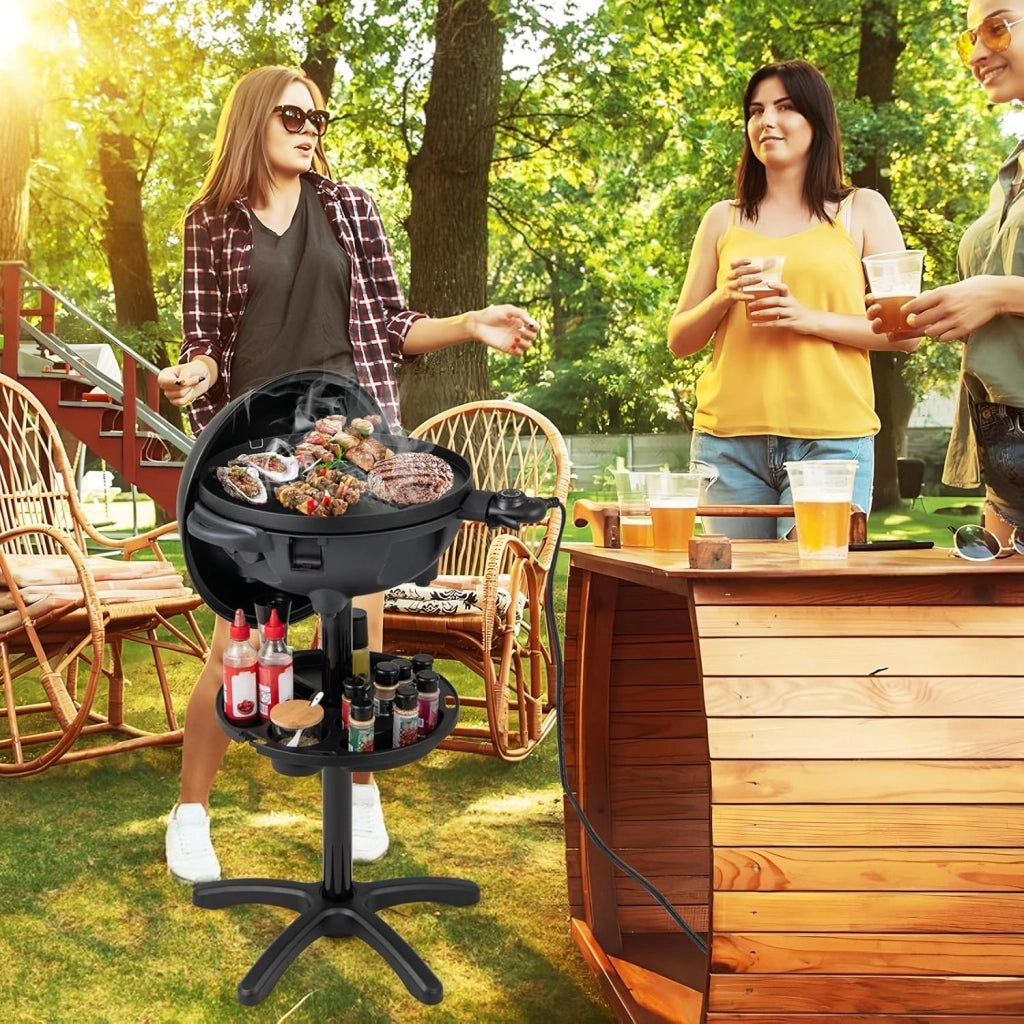 2 in 1 Barbecue Elettrico 1200W in Aluminio con Coperchio a Termometro, Barbecue da Tavolo con Mensola e Piedistalli, Griglia con Piastra Antiaderente per Interni ed Esterni, 63 x 63 x 100 cm