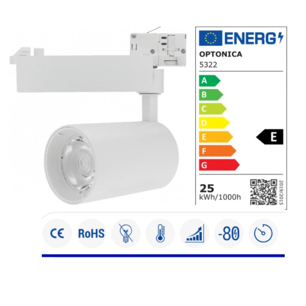 Faretto a binario led 25 watt cob bianco 24° 2750 lumen trifase bianco naturale