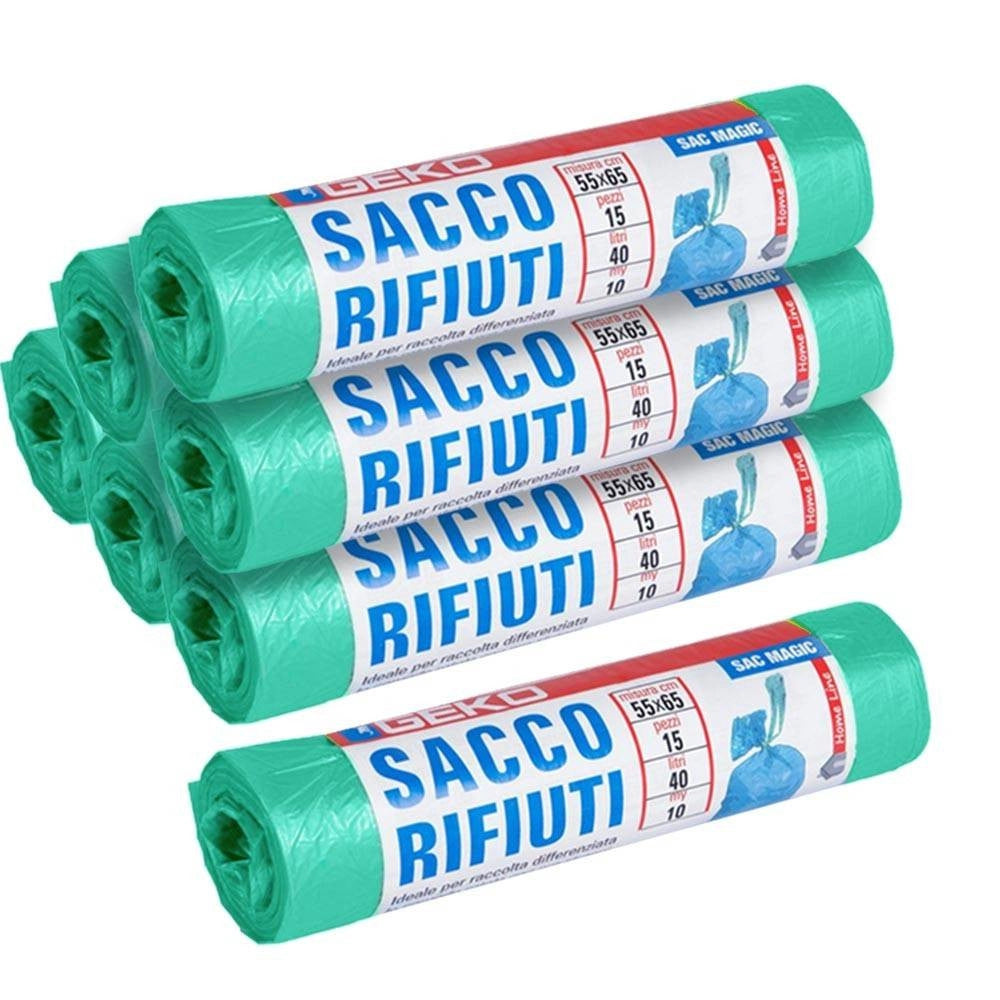 Trade Shop - 7x Rotoli Sacchetti Buste Spazzatura 40lt 55x65cm Chiusura Laccetto Verde 105pz -