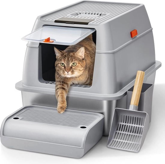 Cassetto per gatti in acciaio inossidabile XXL con coperchio, cassetto per gatti con cucchiaio e pedali, resistente ai gas, grande cassetto per gatti per cani, facile da pulire, cassetto per gatti non aderente in metallo, grigio