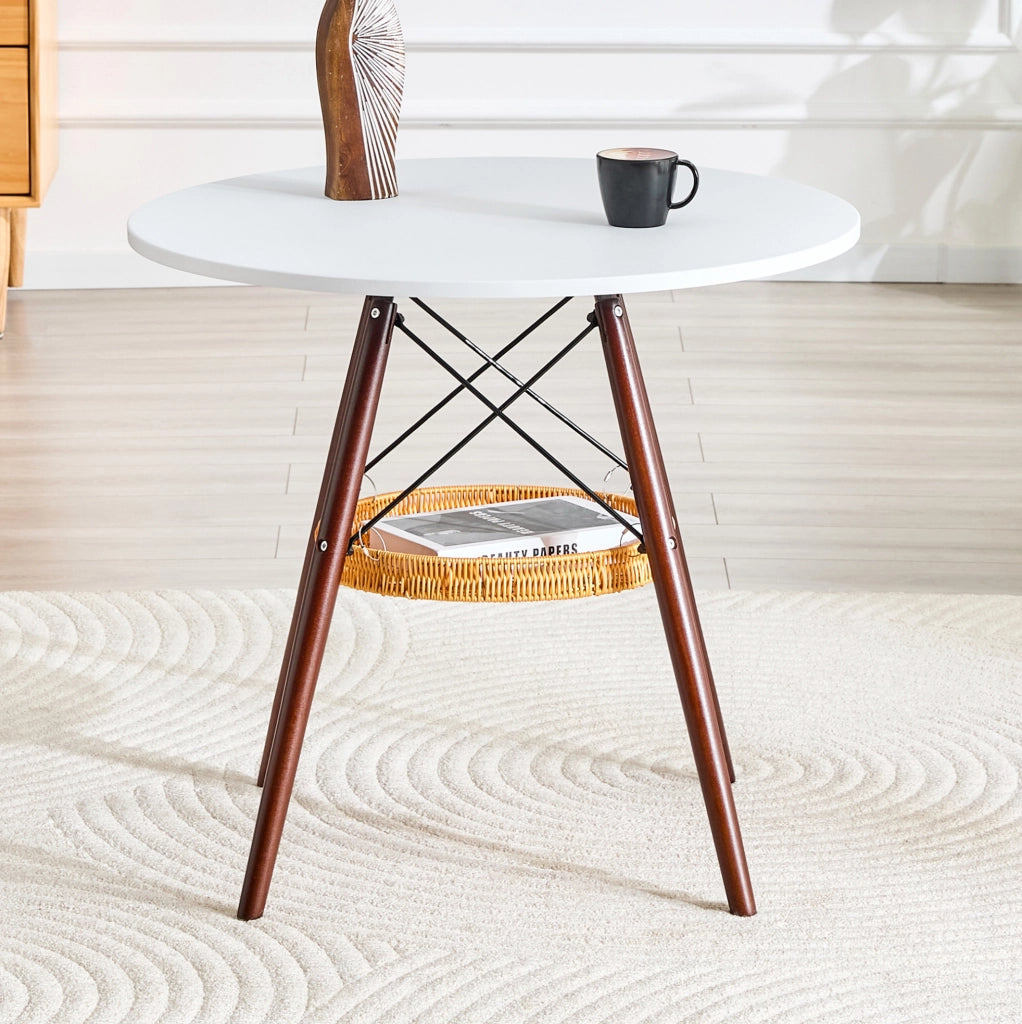 Tavolo rotondo ? 80 cm in MDF bianco e legno massello noce con cestello sospeso