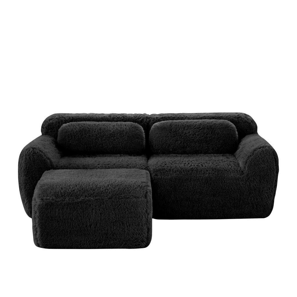 OKWISH Divano Angolare 2 Posti Modulare, Forma Avvolgente con Ottomana Collegabile e Cuscini, Peluche, Nero