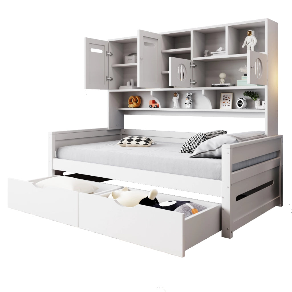 OKWISH Letto a Divano 90×200 cm, Letto Singolo con 2 Cassetti, Vani Contenitori e Ripiani, senza Materasso, in Legno, Bianco