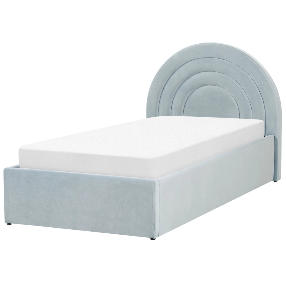 Letto con Contenitore in Velluto azzurro, Misura Singola 90 x 200 cm Design Minimalista Retro con Testiera a Mezza Luna con contenitore