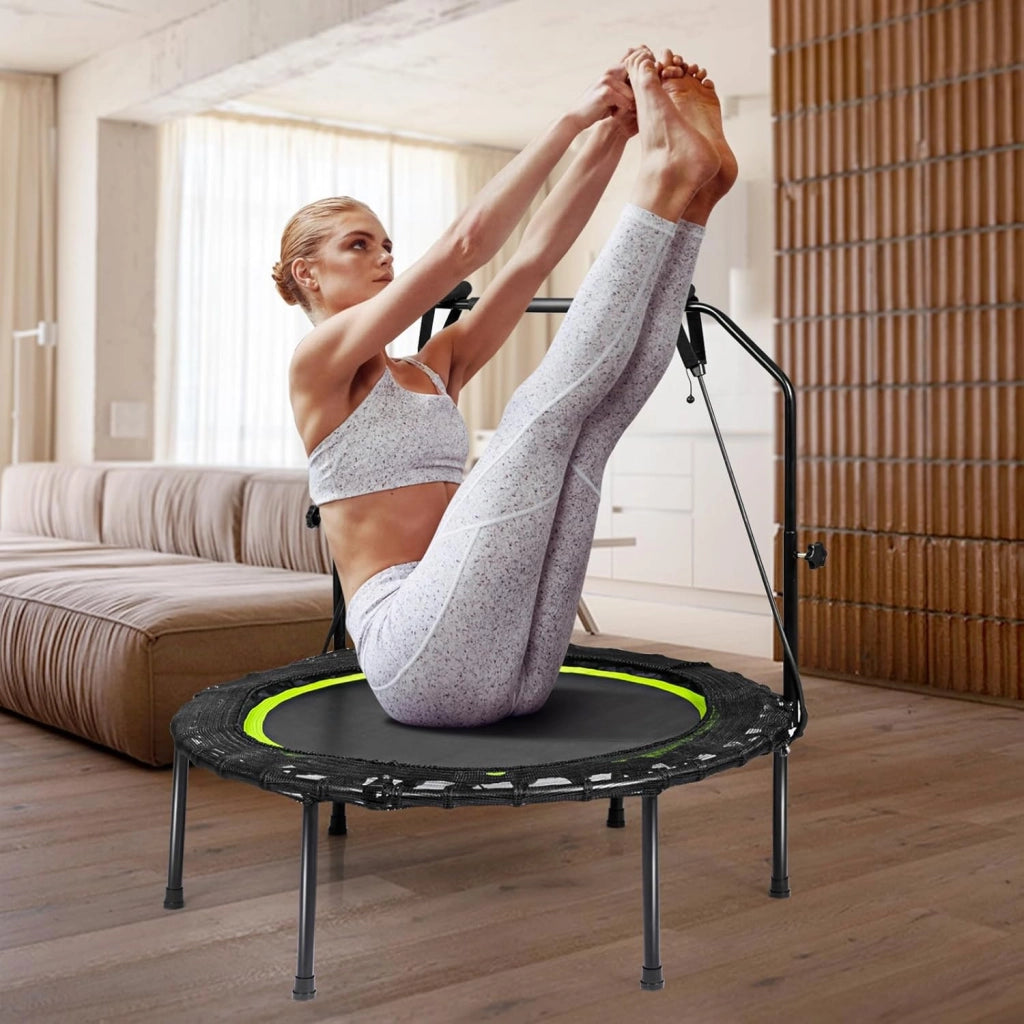 Trampolino Fitness Ø101 cm con Carico di 150 kg, Trampolino Elastico con 2 Fasce di Resistenza e Manico Regolabile in 4 Livelli, Mini Trampolino di Rimbalzo Pieghevole per Adulti e Bambini