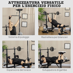 Panca Fitness 180x134x200 cm con Leg Press Squat Rack e Leg Extension in Acciaio e PU Nero e Argento