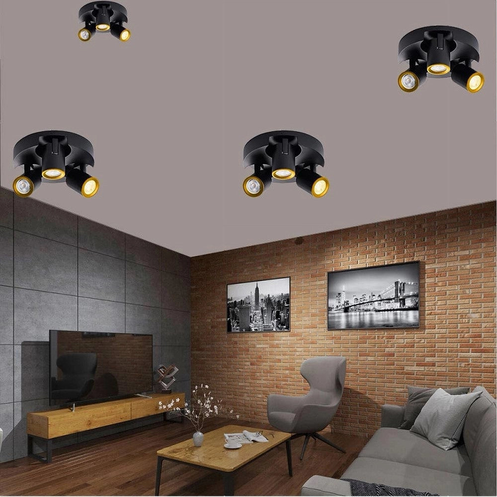 Trade Shop - Plafoniera 3 Diffusori Orientabile Soffitto Parete Tonda Gu10 Bianco Nero Th8804 - Nero