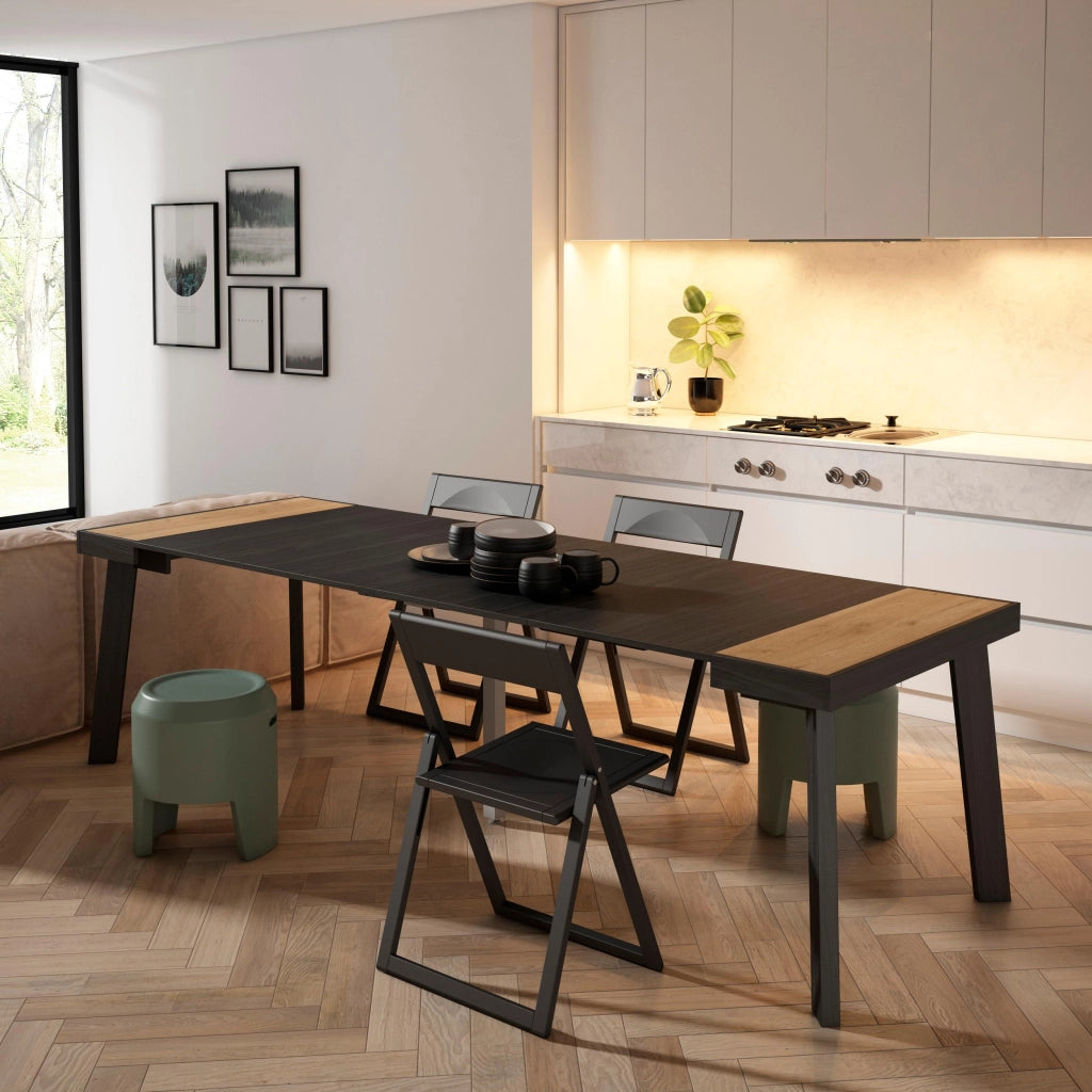 Consolle allungabile, 262x90x73cm, Per 12 persone, Gambe in legno, colore Rovere e nero RF3026