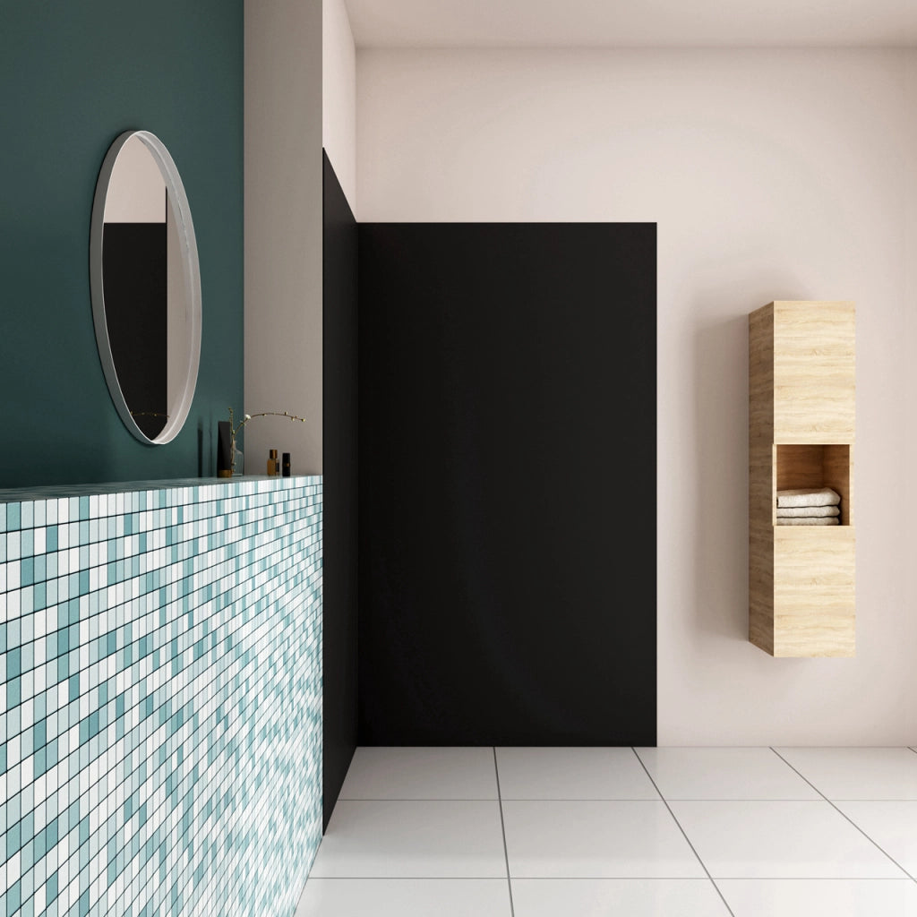 H.210 cm Pannello Doccia ad Angolo 90x90 cm Realizzato in Alluminio da 3 mm con Profili Finitura Nero Opaco per Rivestimento Parete Bagno