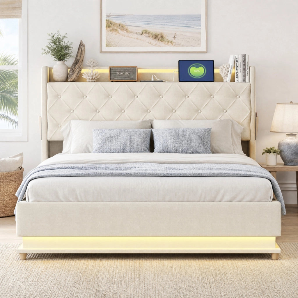 LETTO imbottito LED 140x200 cm beige con USB e vano contenitore idraulico