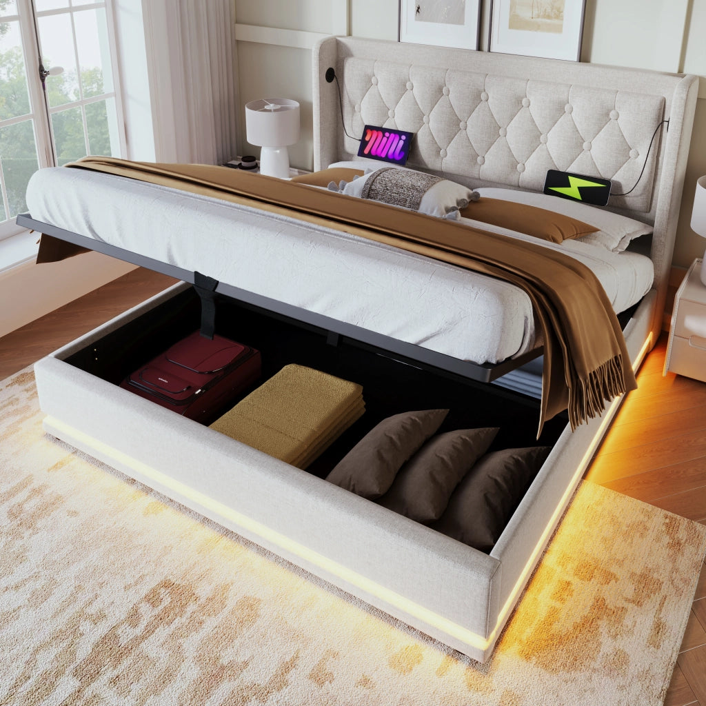 OKWISH Letto Contenitore 160×200 cm, Letto Matrimoniale con USB, Tipo C, LED Regolabile e Testiera Imbottita, senza Materasso, Cotone, Beige