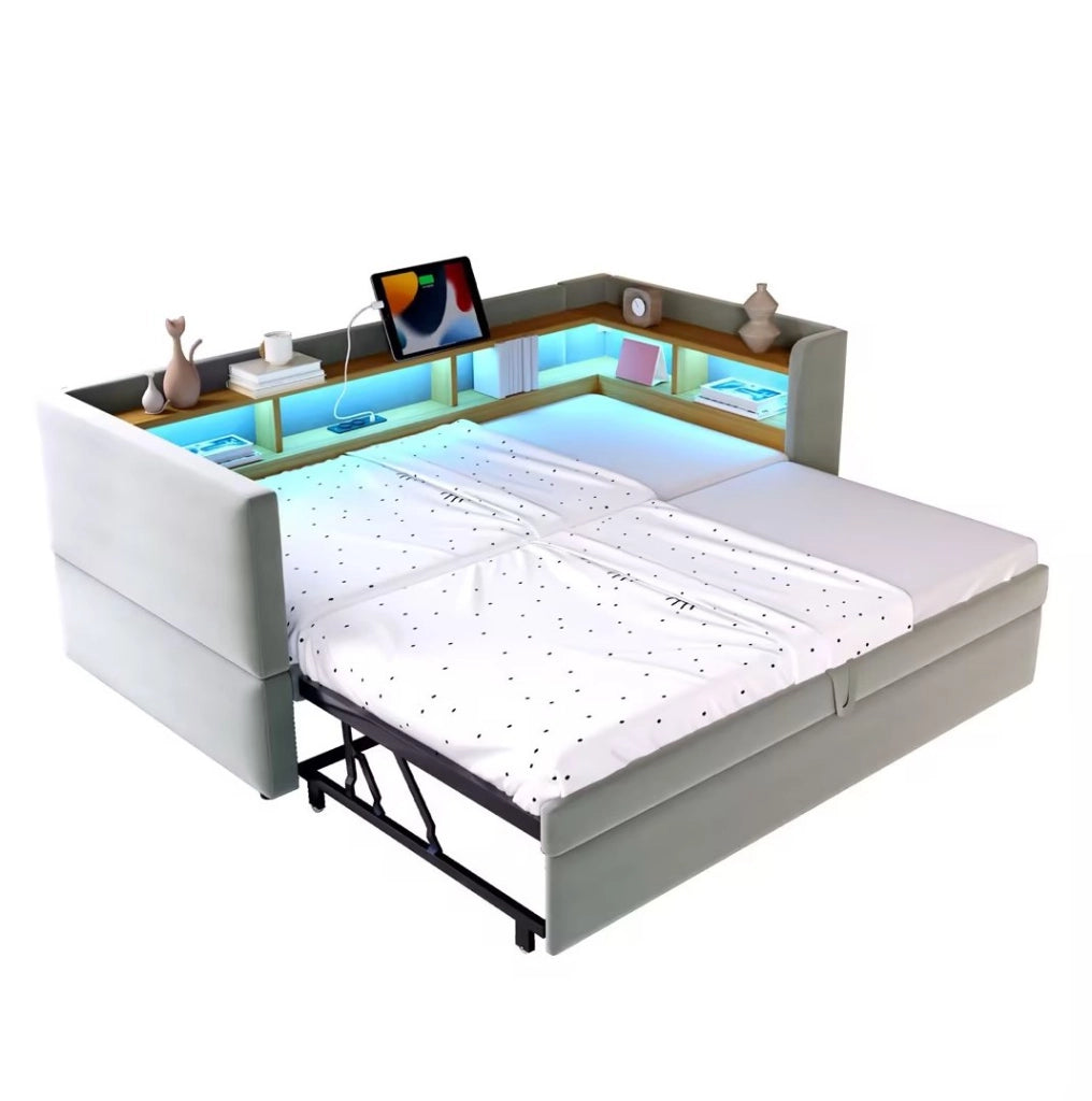 Divano letto imbottito con vani contenitore, LED, prese e struttura salvaspazio