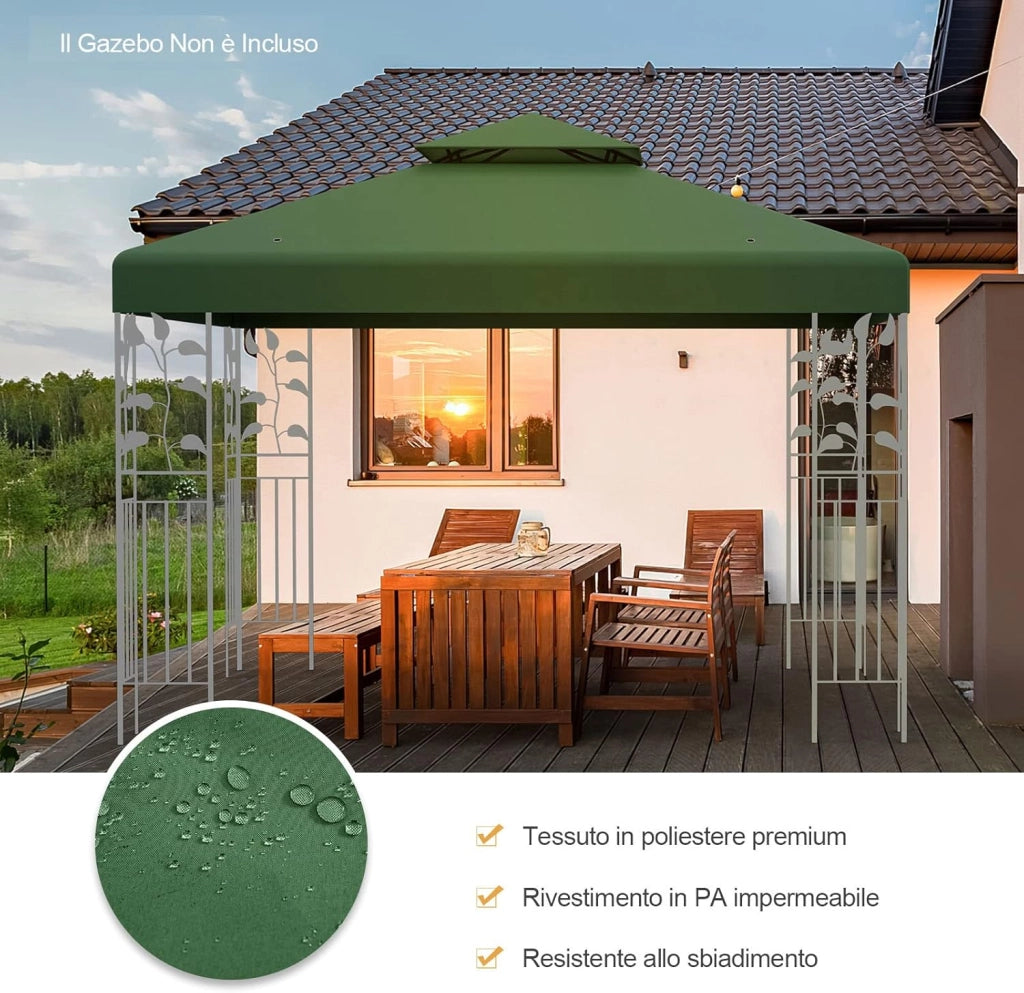 Tettoia di Ricambio per Gazebo da 3 x 3 m, Doppio Strato Superiore, Copertura per Gazebo da Giardino con Gancio e Chiusura a Strappo (Verde scuro)