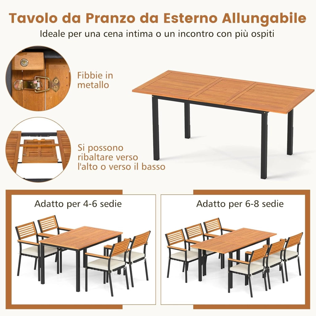 Tavolo Allungabile e 6 Sedie da Esterno, Pranzo da Giardino in Legno Massello, Tavolo con Foro per Ombrellone e Poltrone con Cuscini, Schienale e Braccioli, per Balcone e Cortile