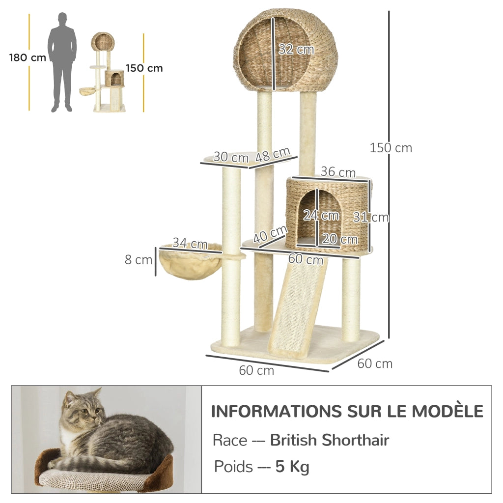 Tiragraffi per Gatti con Graffiatoio in Sisal Naturale 2 Cucce Amaca ¨C Xylo ¨C 60x60x150cm Beige