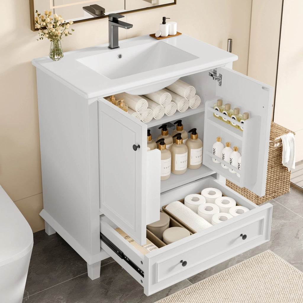 Mobile sottolavabo da bagno con lavabo in ceramica, 2 ante, 1 cassetto e ripiano regolabile, bianco, 76 × 46 × 87 cm