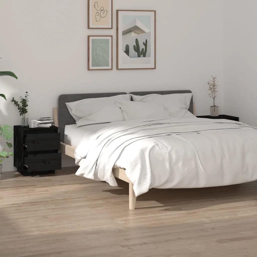 Set di 2 Comodini | Armadio da Notte | Mobiletto da notte Neri 40x35x50 cm in Legno Massello di Pino