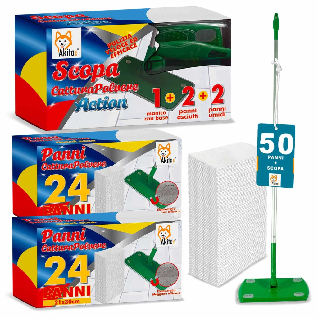Kit Scopa Akitaink con 50 Panni Pulizia Profonda Facile
