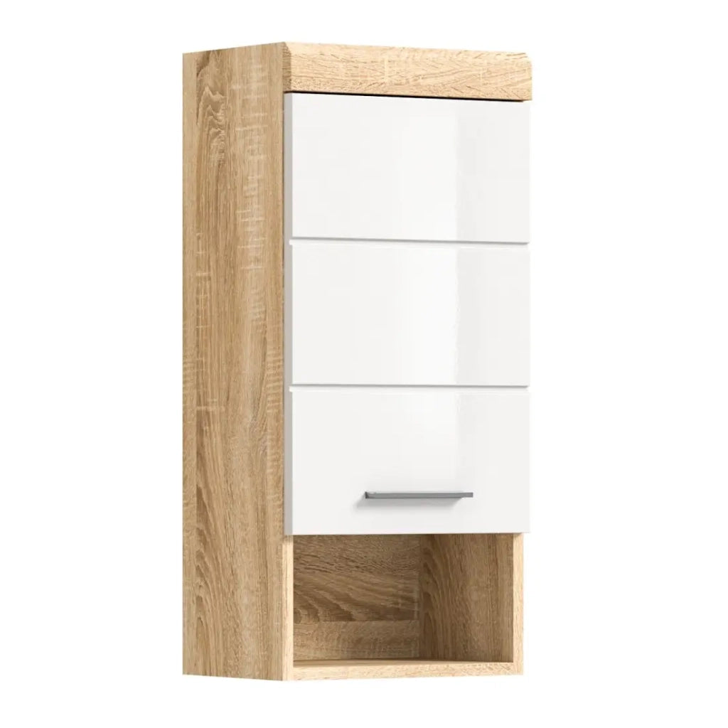 Mezza colonna da bagno LEWOTO - 1 porta e 1 nicchia - Bianco e rovere chiaro