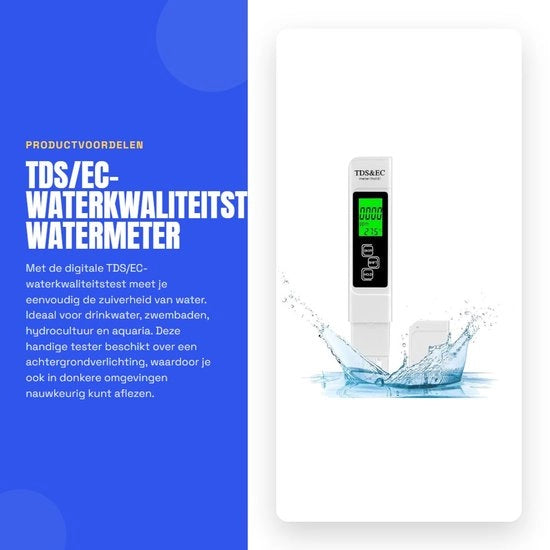 Misuratore di qualità dell'acqua per piscina e acquario - Test di TDS/EC - Misuratore di acqua - Illuminazione di retroilluminazione - Formato portatile - Acqua potabile - Adatto per piscine e acquari