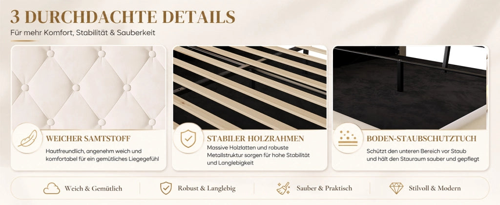 Letto contenitore 180 × 200 cm con testiera multifunzione, LED, USB e Type-C, senza materasso, beige