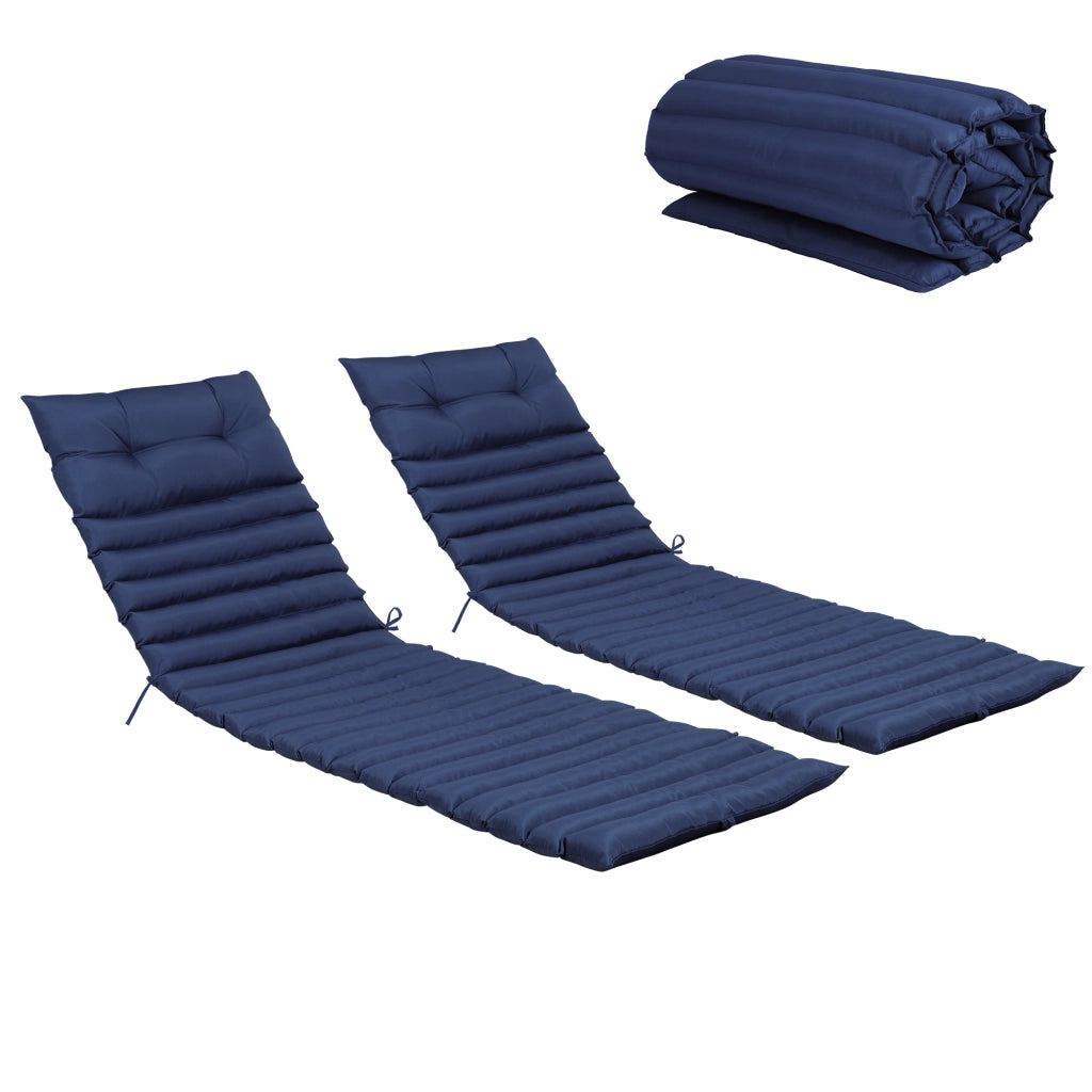 Set di cuscini per lettini da giardino a 2 pezzi in poliestere blu con cinghie regolabili e chiusura con cordino