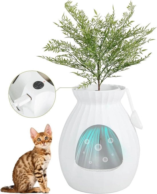 Cattilettiera 63L - Smaltimento intelligente dell'odore e sterilizzazione con cancello - Stile vaso di fiori con pianta di plastica, ciottoli e rastrello - 50 x 50 x 59 cm, bianco