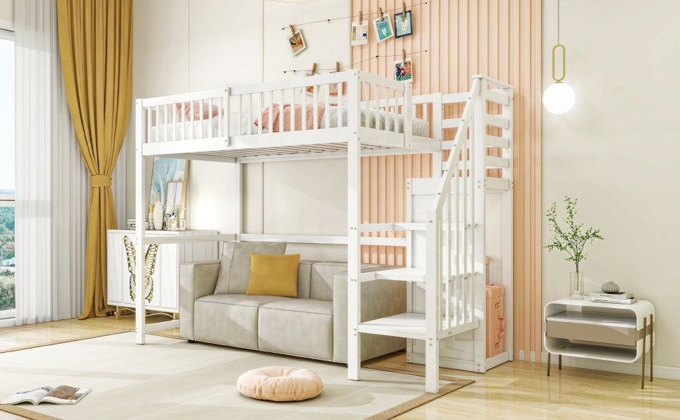 Letto a castello bianco in legno con scala e ripiano portaoggetti 90x200 cm