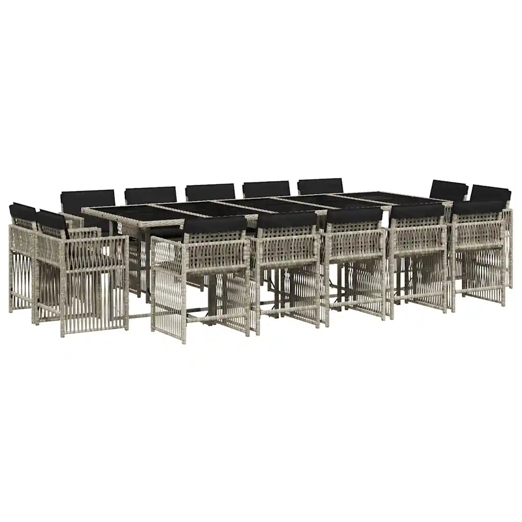 Set da Pranzo da Giardino 17pz con Cuscini Grigio in Polyrattan