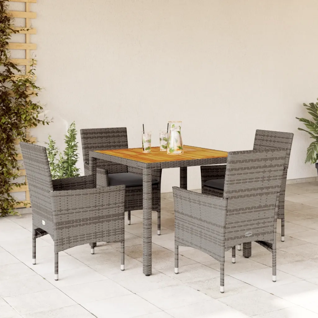Set Pranzo Giardino 5 pz | Set Salotto da Giardino con Cuscini Grigio Polyrattan Acacia