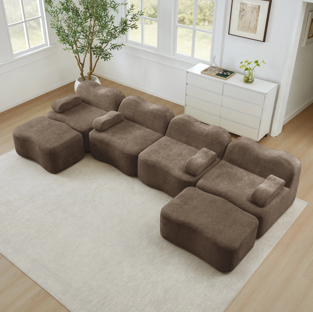 Divano angolare modulare a onda 384x167x70 cm in velluto marrone; senza struttura interna