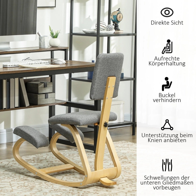 Sedia ergonomica inginocchiata con schienale e base oscillante in legno di betulla e poliestere grigio