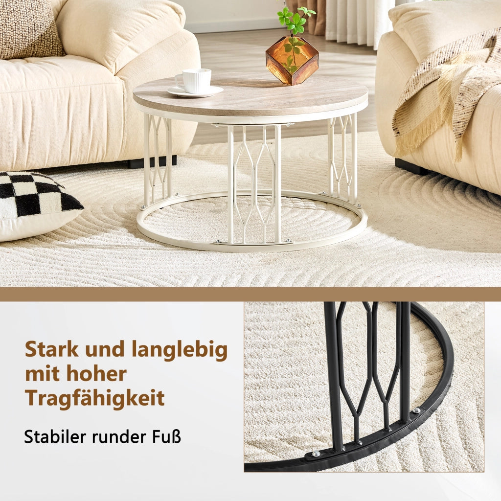 Tavolino basso rotondo in MDF effetto legno con struttura in metallo, per soggiorno, bianco, Ø 70 × 40,5 cm