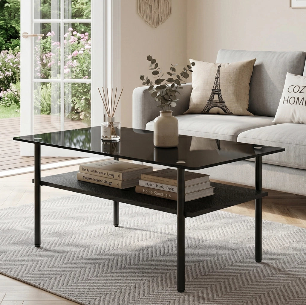 Tavolino da caffè 98x58x45 cm con piano in vetro nero; ripiano in MDF e struttura in metallo; nero