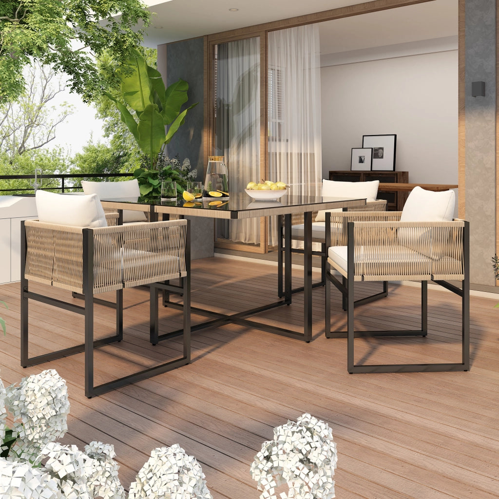 Set pranzo giardino 5 pezzi: tavolo pranzo + 4 sedie impilabili; ferro; vetro sicurezza; beige