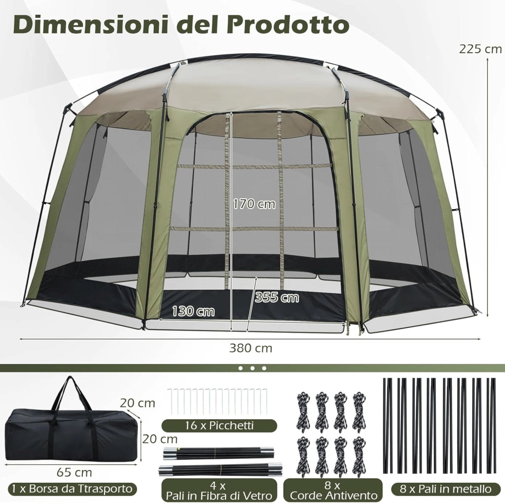 Tenda da Campeggio Pieghevole, Tenda da Esterno per 6-8 Persone con Zanzariera, 8 Corde Antivento, 16 Picchetti, Borsa per il Trasporto per Giardino e Cortile, 380 x 355 x 255 cm