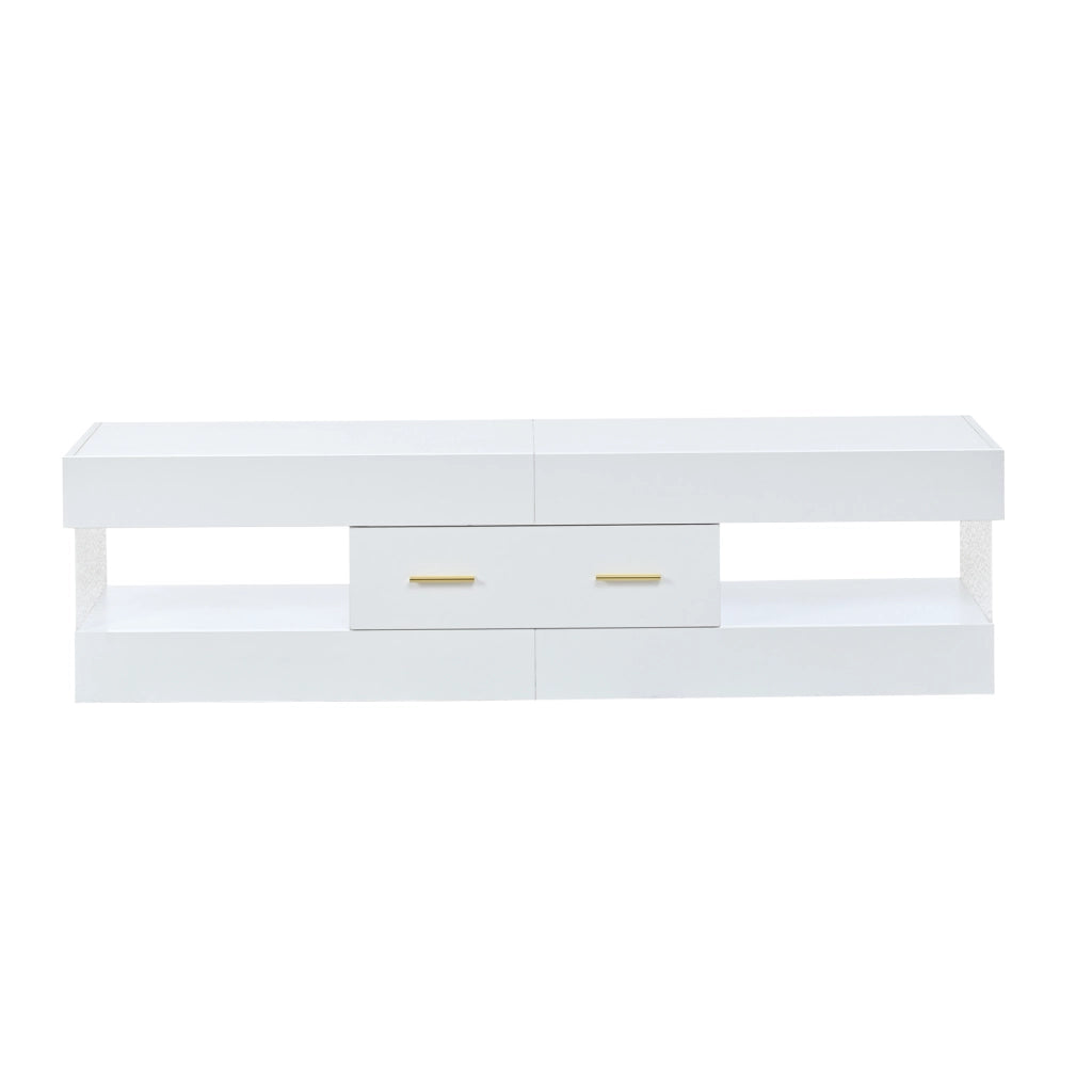 Mobile porta TV con LED, 2 cassetti e 4 vani aperti, in truciolare bianco lucido, per soggiorno, 152 × 35 × 40 cm