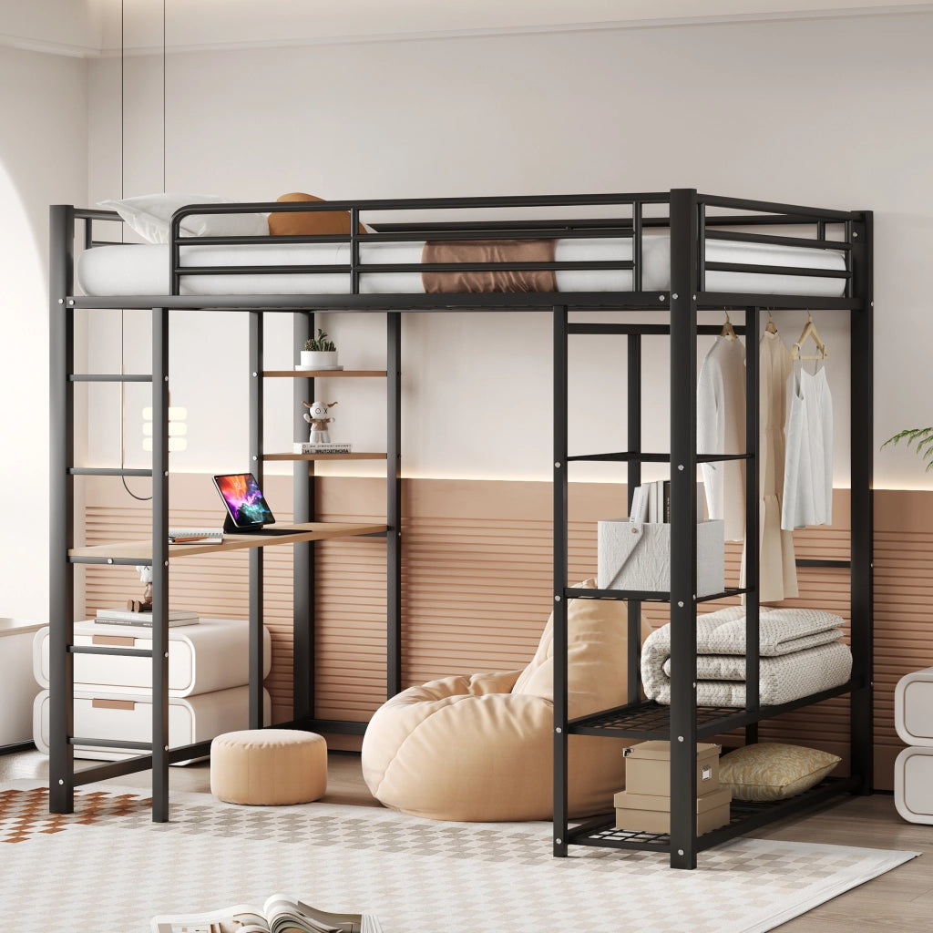 OKWISH Letto a soppalco 140×200 cm, Letto Matrimoniale con Scrivania, Mensole e Appendiabiti, senza Materasso, in Metallo, Nero