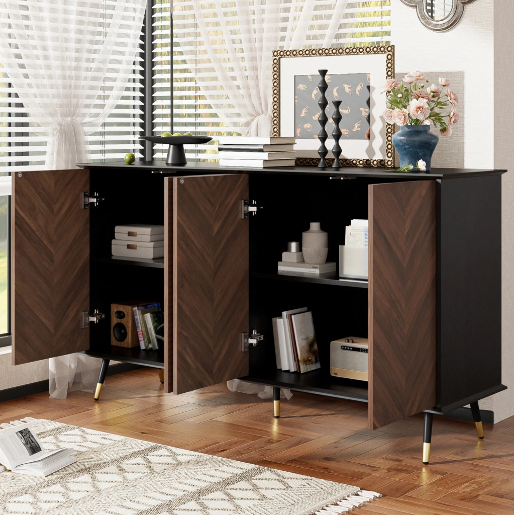 Credenza 140 cm nera e marrone con 4 ante e ripiani regolabili