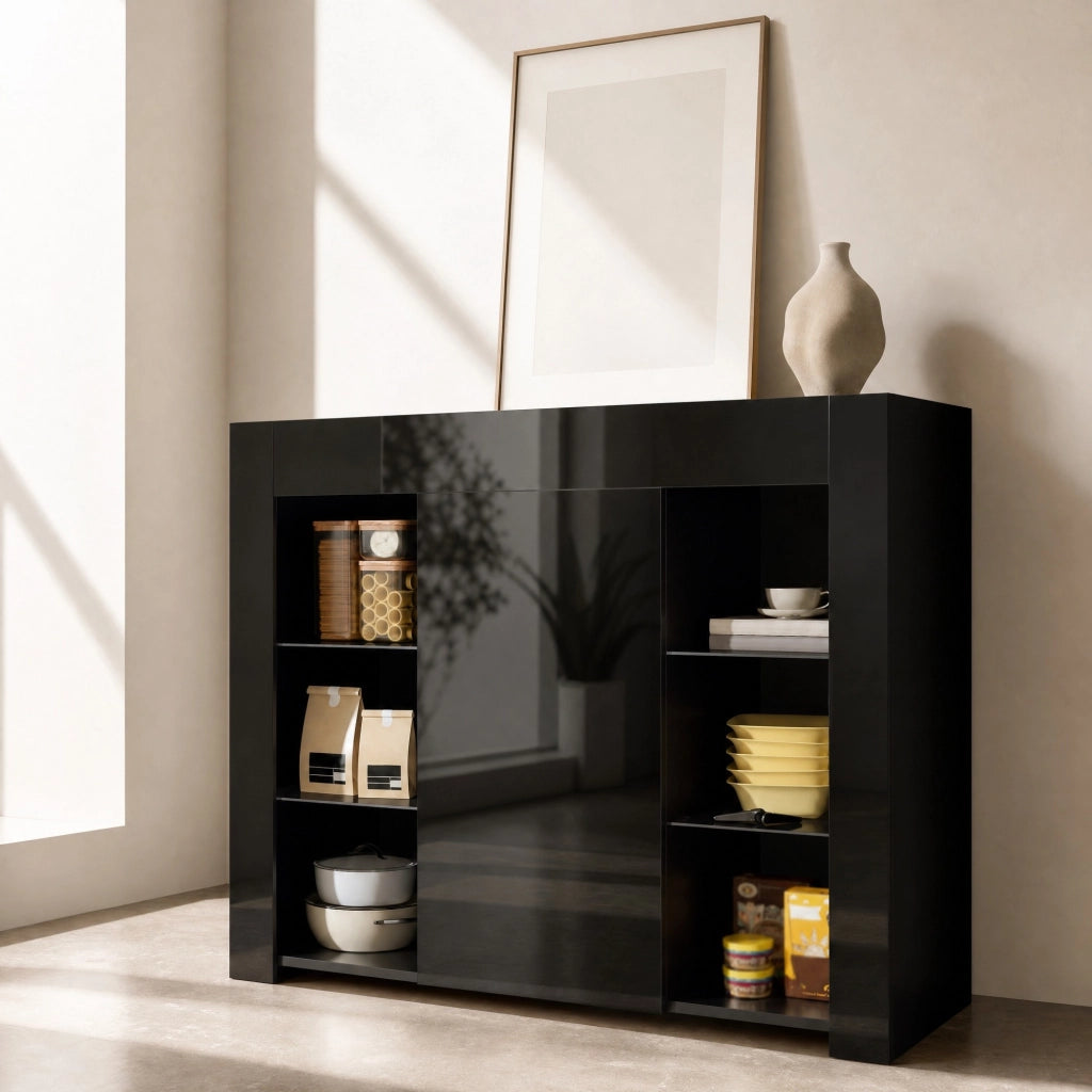 Buffet moderno nero con frontale lucido, ante e ripiani in vetro, 95x35x83 cm